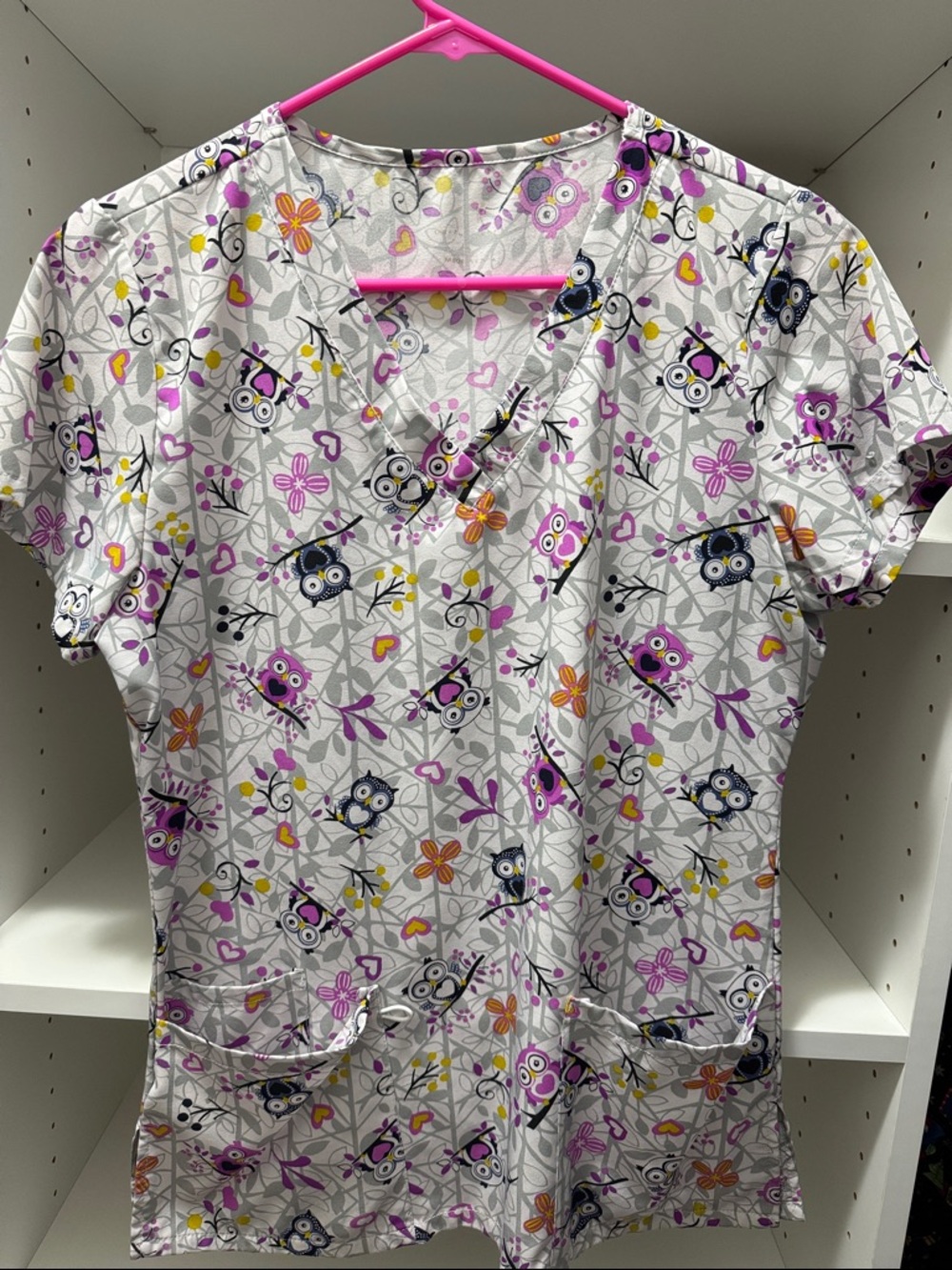 Playful Owl Print Medical Scrub Top in White, Purple, Orange